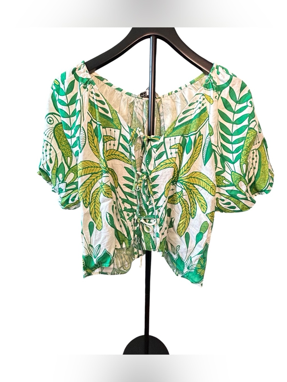 Rachel Zoe Green and White Leaf-Print Tie-Front Cropped Blouse